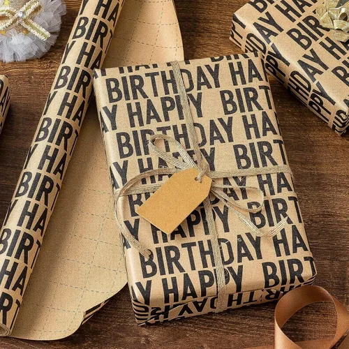 Vista 2 de MAYPLUSS Rollo de papel de regalo de feliz cumpleaños de los SS, envoltura de regalo de Kraft vintage Papel de regalo de 17 pulgadas x 33 pies