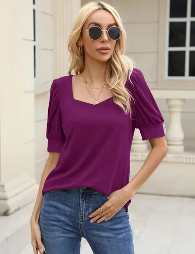 Vista 4 de Micoson Blusas casuales de manga corta abombada, cuello cuadrado, con puños de botón