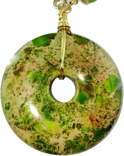 Vista 3 de Lime Green Necklace - Sea Sediment Jasper Doughnut Pendant - Howlite Gemstone Beads - Satin Gold Plated Brass