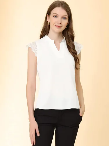 Vista 5 de Allegra K Blusa básica de trabajo para mujer con encaje y manga casquillo