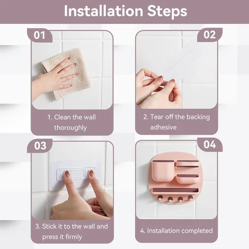 Vista 3 de Estante de montaje en pared, organizador de accesorios de mesita de noche con ganchos, almacenamiento adhesivo para teléfono, control remoto, Rosa