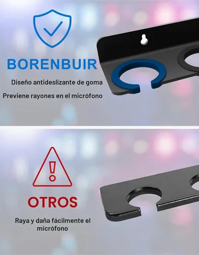 Vista 5 de Soporte de micrófono múltiple para micrófonos con cable e inalámbricos, soporta hasta 4 micrófonos, organizador de micrófono múltiple para soporte