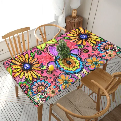 Vista 39 de Fiokroo Mantel de Flores de Crisantemo Azul, Amarillo y Azul Marino con Borde Elástico, Mantel Redondo Lavable y Reutilizable Cubierta de Mesa