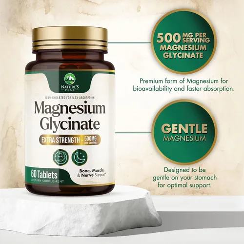 Vista 3 de Glicinato de magnesio 500 mg por porción - Suplemento de magnesio quelado para suplemento de alta absorción - Soporte para la salud muscular, huesos