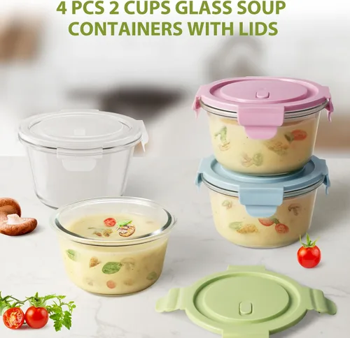 Vista 7 de 16 onzas Recipientes de vidrio para preparar comidas, recipientes herméticos de vidrio de 2 tazas con tapas, recipientes de sopa de vidrio