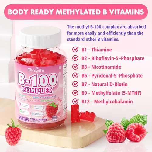 Vista 5 de Gomitas de complejo de vitamina B, todas las vitaminas B + metilo B12, B1, B2, B3, B5, B6, biotina, metilfolato, vitamina C, colina, inositol, PABA