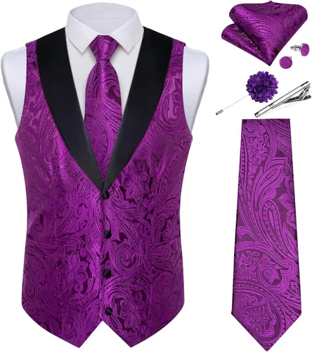 Vista 33 de DiBanGu Chaleco de traje de cachemira para hombre, chaleco jacquard de seda y corbata, chaleco formal de cuello de chal, 7 piezas para fiesta