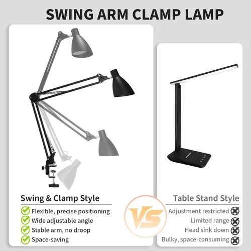 Vista 7 de Lámpara de escritorio con brazo oscilante con abrazadera, brazo ajustable con abrazadera LED en lámparas de escritorio con 5 modos de color y 10