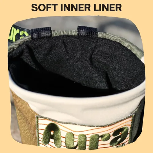 Vista 5 de Aura - Bolsa de tiza para escalada en roca, bolsa de tiza Bouldering con forro polar, cierre de cordón y soporte para cepillo, cinturón ajustable