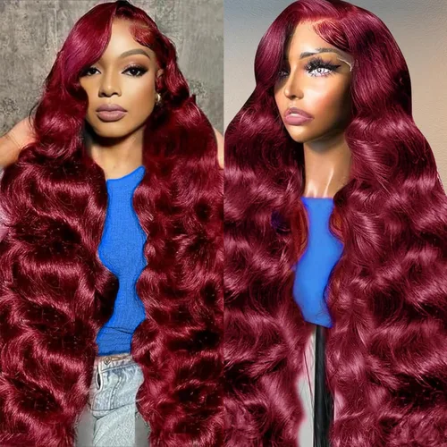 Vista 8 de Smabuity 99J Pelucas de encaje frontal burdeo de pelo humano, peluca burdeo roja de pelo humano, 13x6, peluca de encaje frontal HD de onda corporal