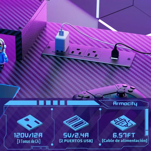 Vista 8 de Escritorio para computadora de juegos Armocity con estantes y tomas de corriente, escritorio de juegos con alacena y luces LED, escritorios
