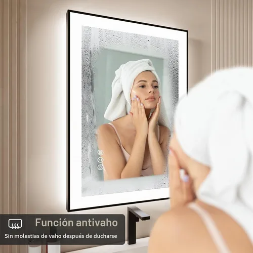 Vista 5 de Espejo de baño LED de 20x28 pulgadas con marco negro, espejos de baño retroiluminados y con luz frontal para pared, antiempañamiento, regulable