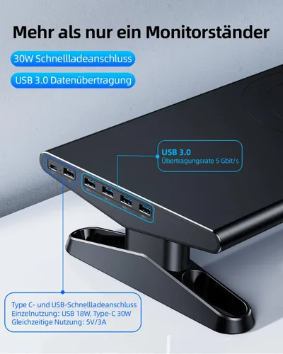 Vista 2 de Monitor Stand with 6 USB C 3.0 Hubs, Height Adjustable Monitor Riser Desk Organiser Monitor Stand Riser with Mobile Phone Holder, Screen Riser Stand
