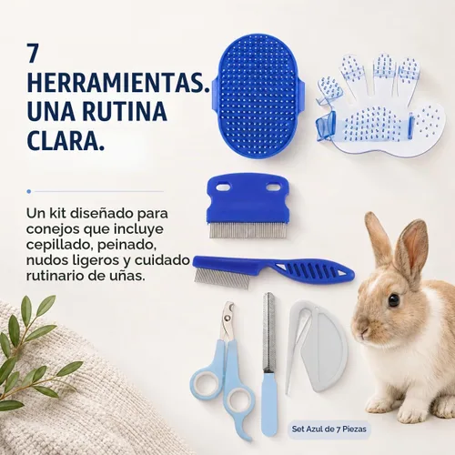 Vista 2 de Kit de aseo de conejo, cepillo de conejo de 7 piezas y cuidado de Azul