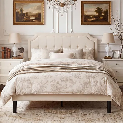 Vista 19 de VECELO - Base de cama tapizada con plataforma individual con cabecera ajustable de panel cosido con botones, fuerte soporte de listones de madera