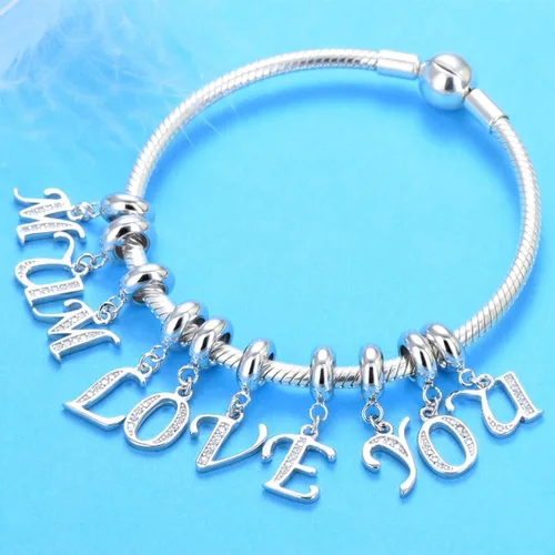 Vista 5 de Abalorio de plata de ley 925 con letras de la A a la Z, dije de letras K, dije de aniversario de Navidad para pulsera de abalorios