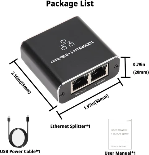 Vista 6 de Divisor Gigabit Ethernet Pushua 1 a 2 de Alta Velocidad, Divisor de Internet 1000Mbps 1 Entrada 2 Salidas, LAN con Cable de Alimentación USB, RJ45