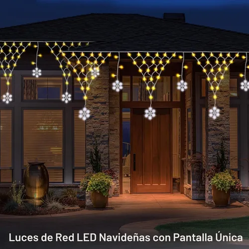 Vista 5 de DBFAIRY Red de luces de Navidad para exteriores, 207 luces LED de red de 13.1 pies de largo x 1.9 pies de alto, con 12 copos de nieve colgantes Copo