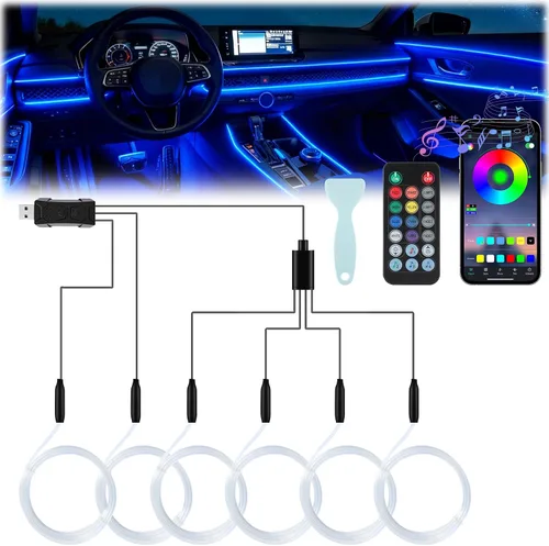 Vista 9 de LivTee - Luces LED inteligentes para interior de automóvil con puerto USB, tira de luces LED de fibra óptica, control inalámbrico por aplicación