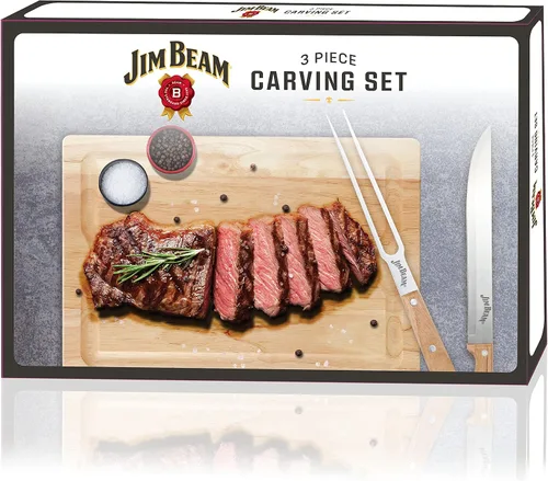 Vista 2 de Jim Beam Juego de tallado de 3 piezas, cuchillo y tenedor de acero con asas de madera y tabla
