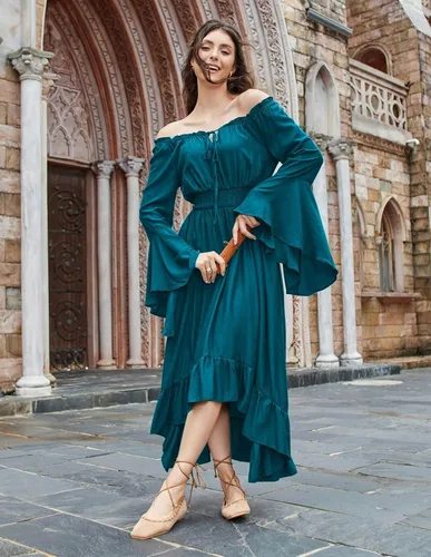 Vista 3 de Scarlet Darkness Disfraz de feria renacentista para mujer, vestido de manga larga acampanada con hombros descubiertos, vestido alto y bajo
