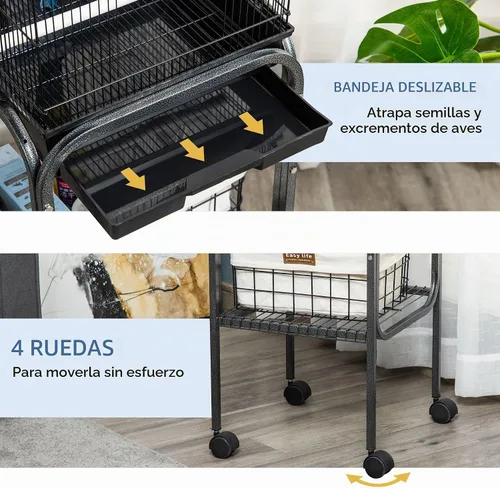 Vista 5 de Jaula para pájaros Pawhut, 51, Negro Jaula de loro, pajarero para pájaros, cesta de almacenamiento, accesorios