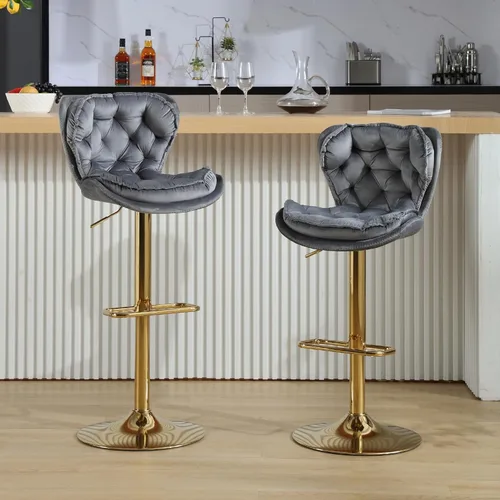 Vista 11 de Taburetes de bar de terciopelo, modernos taburetes giratorios de altura ajustable, sillas de mostrador de 360 grados con respaldo y base de metal