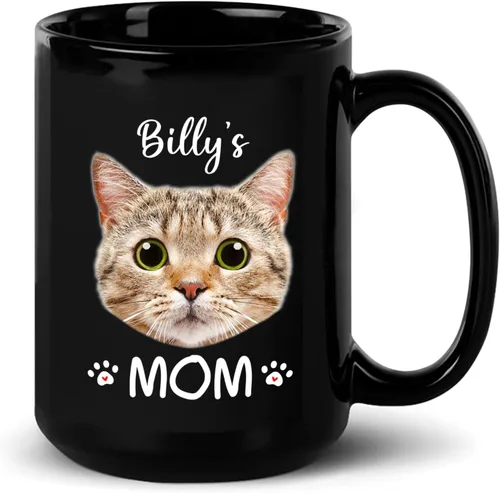 Vista 17 de Taza de café personalizada con nombre y foto de gato, marco de fotos personalizado para gato, taza de café negra de 11 onzas y 15 onzas, taza de té