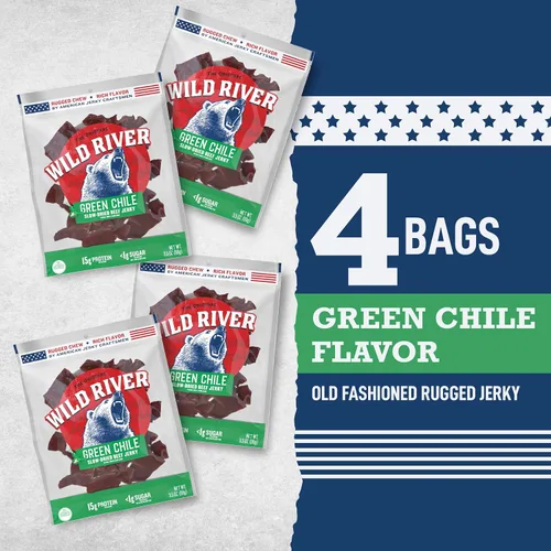 Vista 4 de Wild River Green Chile Beef Jerky – Paquete de 4 bolsas de 3.5 onzas – Cecina antigua y de secado lento – Snacks de proteína de carne real listos
