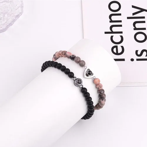 Vista 2 de XAOUS I Love You - Pulseras para parejas con proyección en 100 idiomas, cristal curativo, ágata negra, turquesa blanca, pulseras a juego para novio