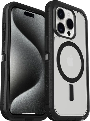 Vista 5 de OtterBox Funda transparente para iPhone 15 Pro (solamente) Defender Series XT, lado oscuro (negro/transparente), sin pantalla, resistente, se ajusta