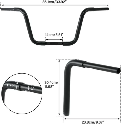 Vista 4 de TCT-MT - Manillar de 12 pulgadas de altura y 1 1/4 pulgadas para Harley FLST, FXST, Sportster XL, incluyendo modelos de acelerador por cable