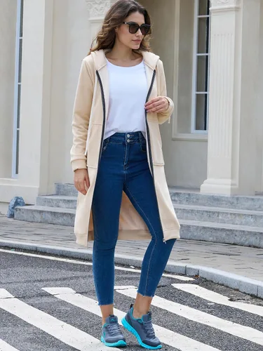 Vista 5 de Ablanczoom Sudaderas largas con cremallera para mujer, cómodas sudaderas de forro polar a la moda, chaquetas casuales con bolsillos Albaricoque