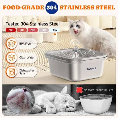 Vista 2 de Pawtners Fuente de agua para gatos de acero inoxidable 4L/140 onzas con 6 filtros de repuesto y 8 paquetes de filtros de repuesto
