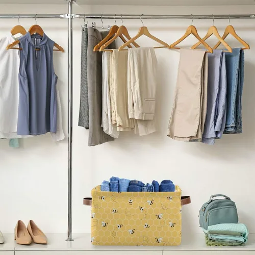 Vista 4 de Cesta de almacenamiento en cubo amarillo con peine de abeja y miel, caja de almacenamiento plegable grande para juguetes, organizador de lavandería