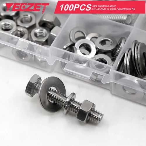 Vista 4 de 100 tornillos y tuercas de cabeza hexagonal de acero inoxidable de 1/4-20x1, 1-1/2", 2", 2-1/2", 3", tornillos y tuercas planos y arandelas