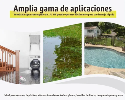 Vista 6 de Bomba de agua sumergible de 1/2 HP 2500 GPH Bomba de sumidero de acero inoxidable con interruptor de flotador ajustable para drenar el agua