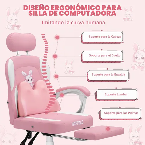 Vista 8 de Silla de juegos rosa para niñas y niños, sillas de computadora de masaje con lindo conejito Cute Silla Gamer 135° Reclining Game Cahir with