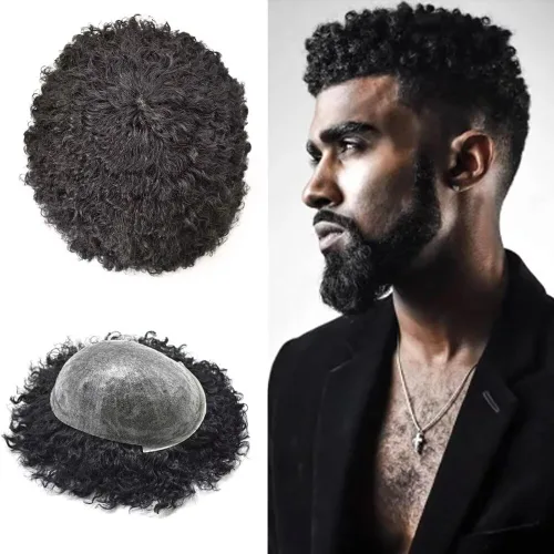 Vista 13 de Afro Toupee para hombres negros, rizado afro ondulado, postizo masculino, piel fina, PU negro, para hombre, tupé, reemplazo de cabello humano