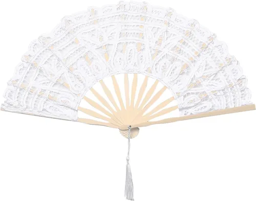 Vista 11 de BABEYOND - Abanico plegable de encaje de algodón con bordado, abanico de mano nupcial con astas de bambú para decoración de boda, baile y fiesta
