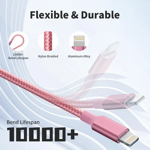 Vista 4 de Cable de carga múltiple, (paquete de 2 cables de 4 pies), cable de carga 3 en 1 para múltiples dispositivos, cable de carga universal de nailon Rosa