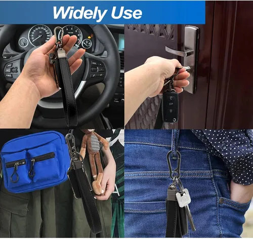 Vista 5 de Llavero de cuero genuino para hombre y mujer, giratorio de 360 grados, con anillo en D antipérdida, clip de mosquetón y 4 llaveros, oscuro y negro