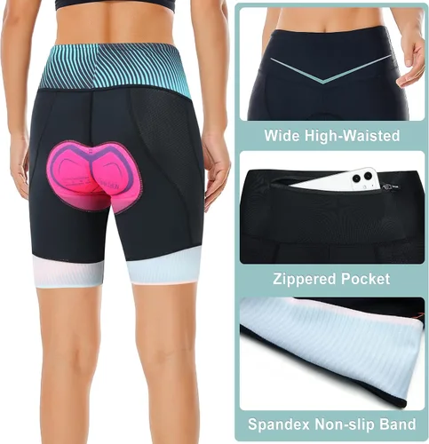 Vista 2 de NORTHHILL Pantalones cortos de ciclismo acolchados para mujer, pantalones cortos de ciclismo de cintura alta con forro 4D acolchado de gel Spin
