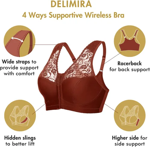 Vista 2 de DELIMIRA Sujetadores con cierre frontal para mujer, espalda cruzada, sin varillas, talla grande, cobertura completa, brasier de algodón de encaje