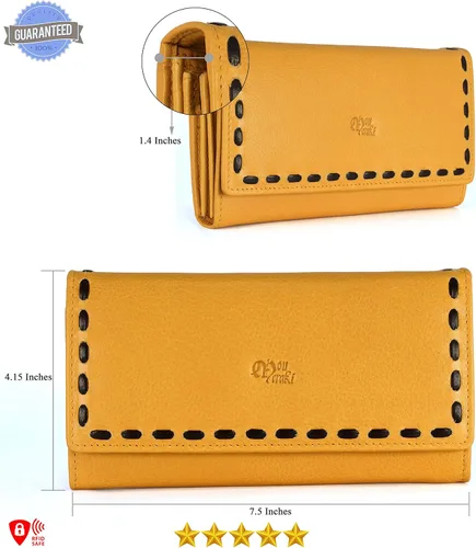 Vista 30 de Mou Meraki - Billetera o bolsa de mano de cuero genuino, con bloqueo de seguridad RFID, con escudo contra el robo de identidad, para mujeres
