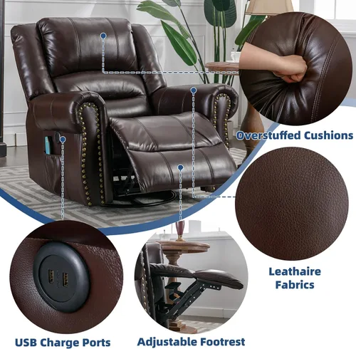 Vista 5 de Silla reclinable giratoria con calor y vibración, silla reclinable manual giratoria de 360°, silla reclinable mecedora de masaje con bolsillos