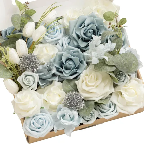 Vista 42 de Ling's moment Caja de flores artificiales, tallos de follaje artificial falso, rosas de espuma, dalia de seda, hierba de pampas, flor de tela