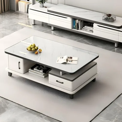 Vista 4 de LAKIQ Mesa de centro rectangular moderna con cajones de almacenamiento, mesa central para sala de estar, mesa central de madera fabricada
