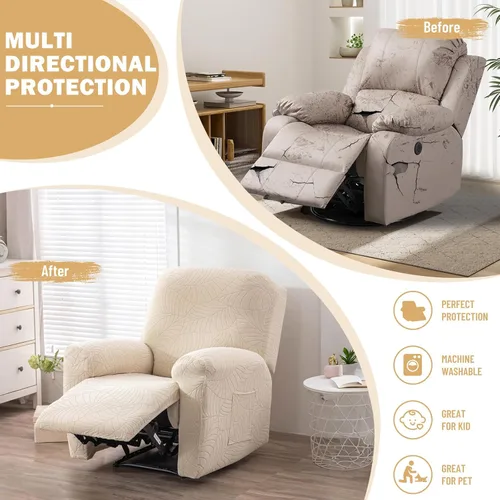 Vista 5 de vctops Funda repelente al agua para silla reclinable de 4 piezas con bolsillo lateral, diseño de hojas de jacquard, elástica, suave, protector