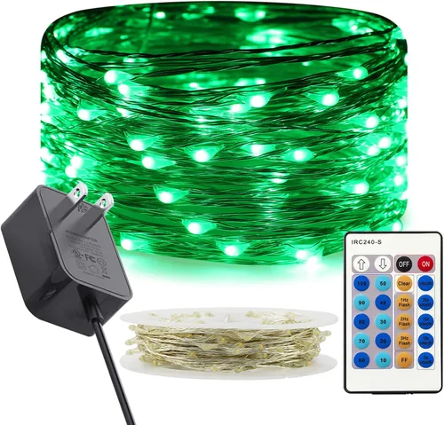 Vista 16 de RUICHEN Guirnalda de luces regulables enchufables de 33 pies, 100 luces LED de alambre plateado con control remoto, color naranja